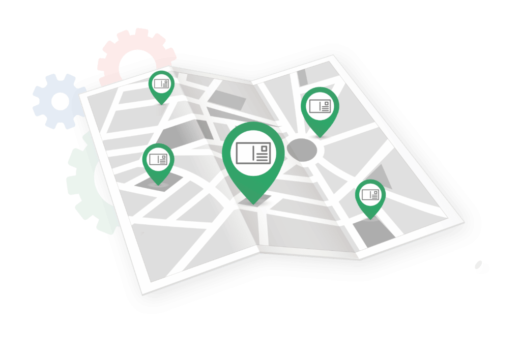 map with postcard pinpoints