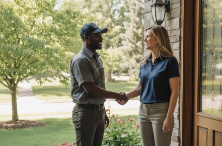 A remodeler and homeowner standing outside of a home smiling and shaking hands.